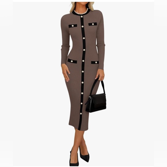 NWT RIB KNIT MIDI DRESS-KHAKI/BLACK-S - Picture 8 of 17